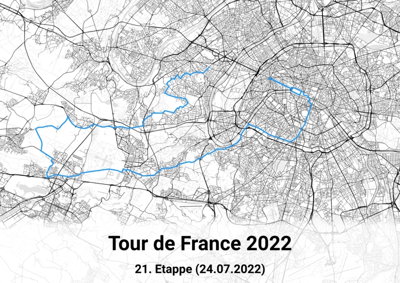 Karte von Paris mit Route der 21. Etappe der Tour de France 2022
